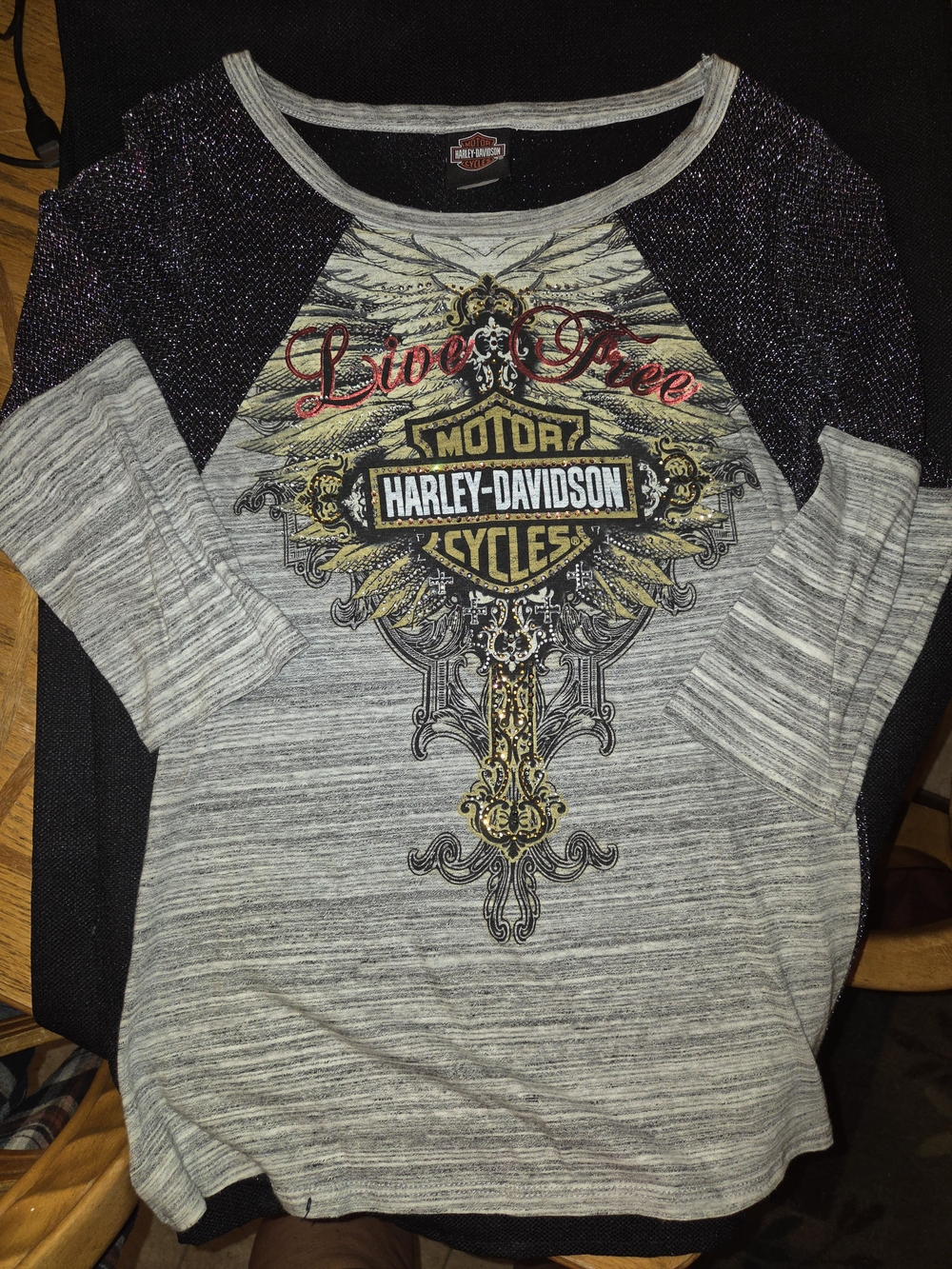 Harley-Davidson Gray Heather Raglan Top with Black Glitter Sleeves